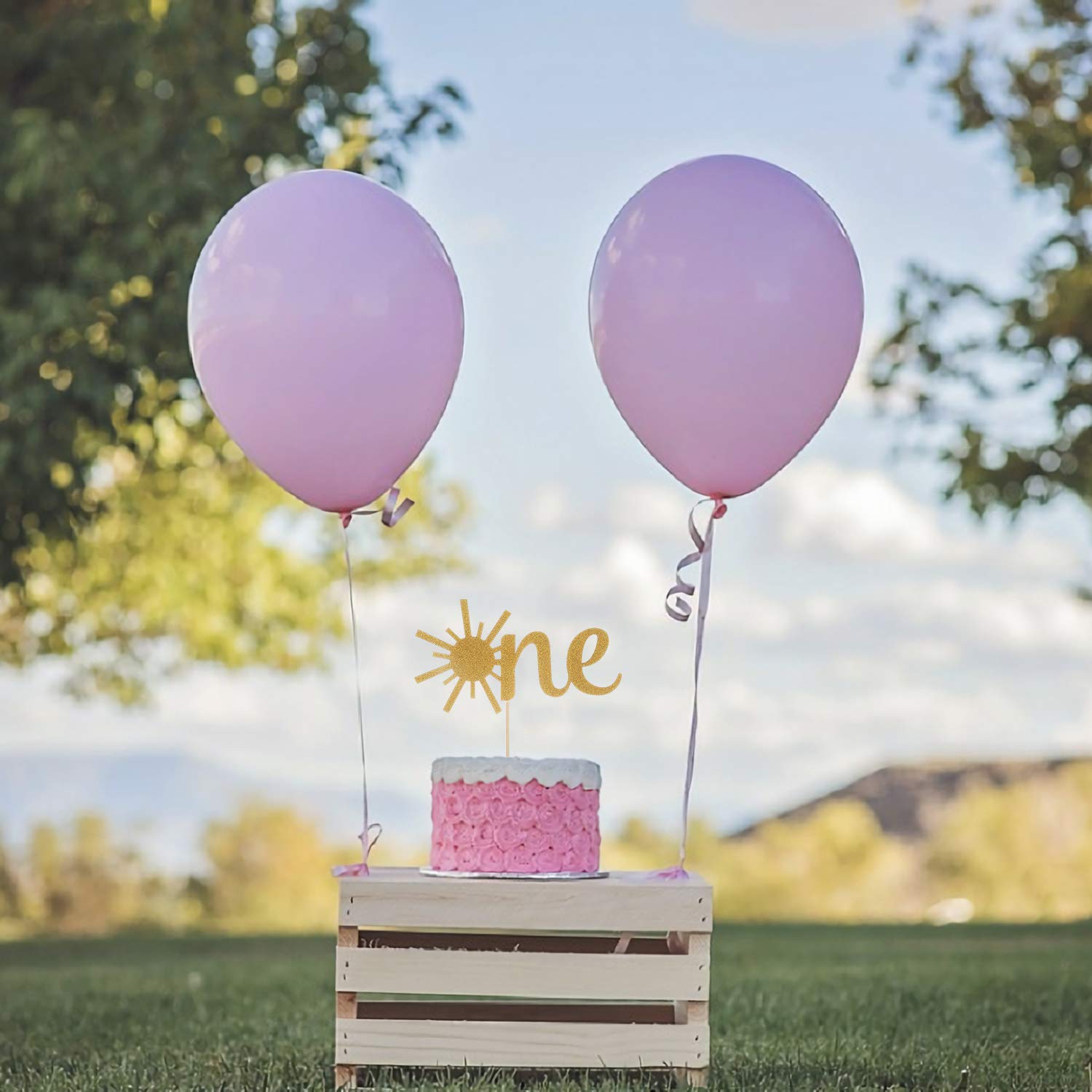 Cake Topper for Baby 1st Birthday - Gold Glitter Sunshine First Anniversary Shower Topper, Single-sided Sun ONE Birthday Cake Smash Topper For Photo