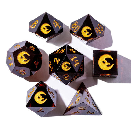 The Crooked Moon Sharp Resin Dice Set - 7-Piece Engraved TTRPG Dice with Golden Moon Design | Premium Polyhedral Dice for Tabletop RPGs & Collectors