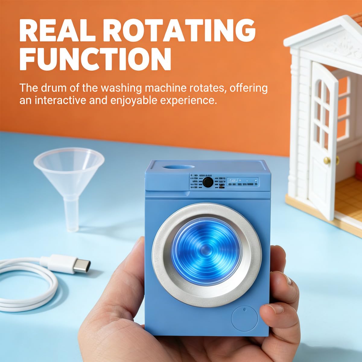 1:12 Scale Dollhouse Miniature Washing Machine, Real Rotating Drum, Openable Lid & Drain Pipe, Mini Home Appliance Model for Dollhouse Decor & Micro