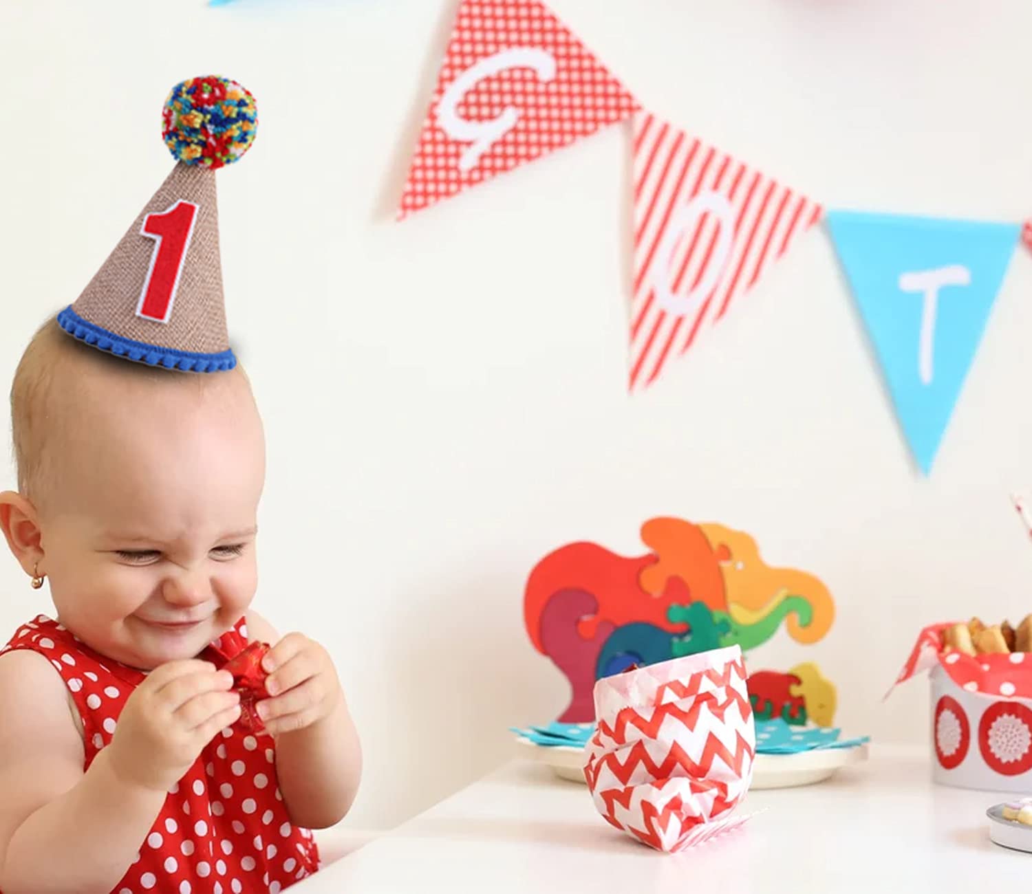 WAHAWU 1st Birthday Party Cone Hat - Kids' Cone Hat with Colored Fur Balls, Perfect for First Birthday Parties and Photo Props