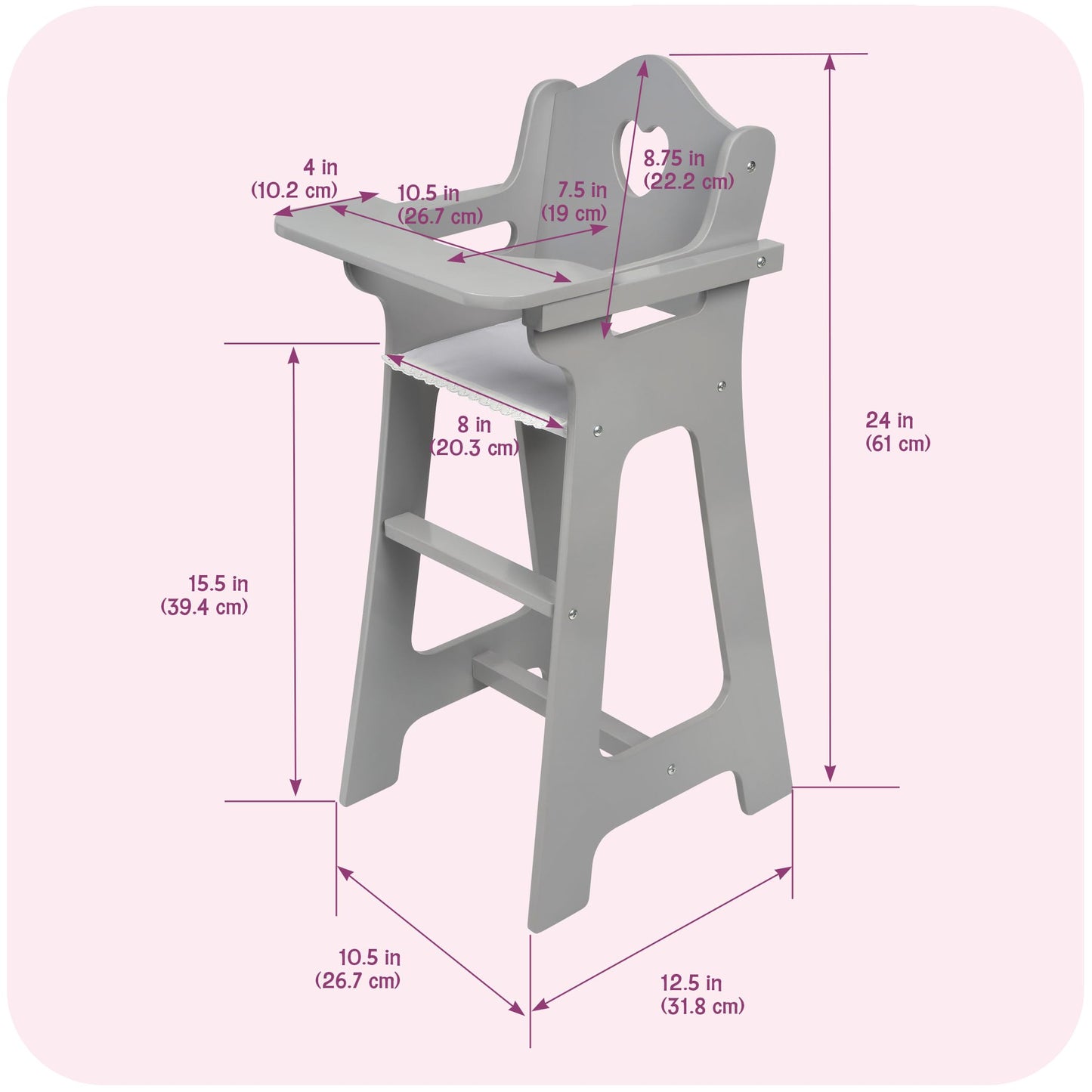 Badger Basket Executive Doll High Chair - Wooden Toy Chair with Liftable Tray, Fabric Seat Trim, and Realistic Design - Fits 18 Inch Dolls and More