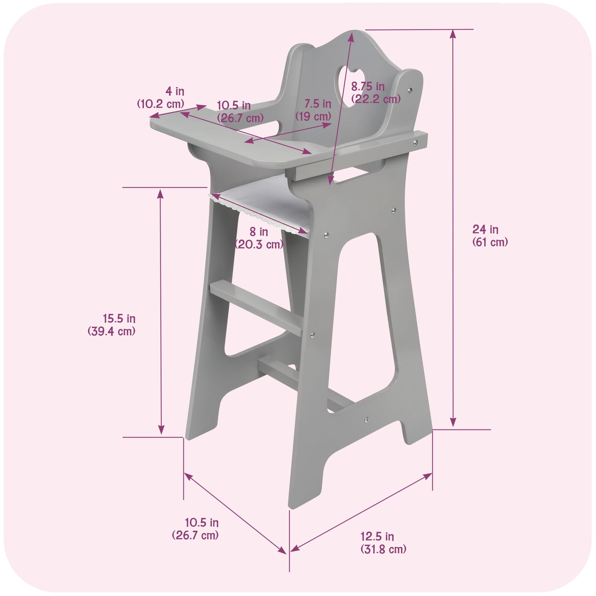 Badger Basket Executive Doll High Chair - Wooden Toy Chair with Liftable Tray, Fabric Seat Trim, and Realistic Design - Fits 18 Inch Dolls and More