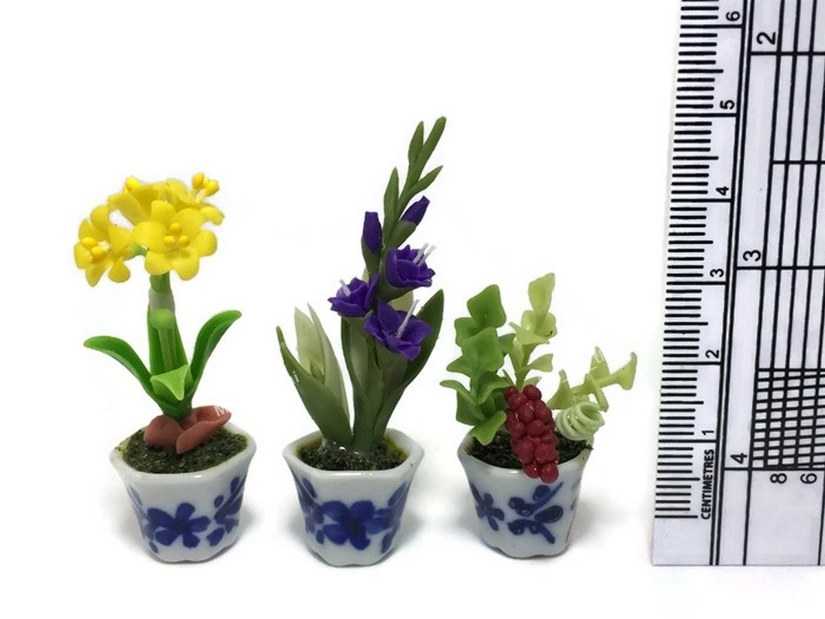 3pc Miniature Flower Clay Dollhouse Fairy Garden Mini Plant Trees Ceramic Paint Furniture Bundles Artificial Flowers Tiny Orchid #059