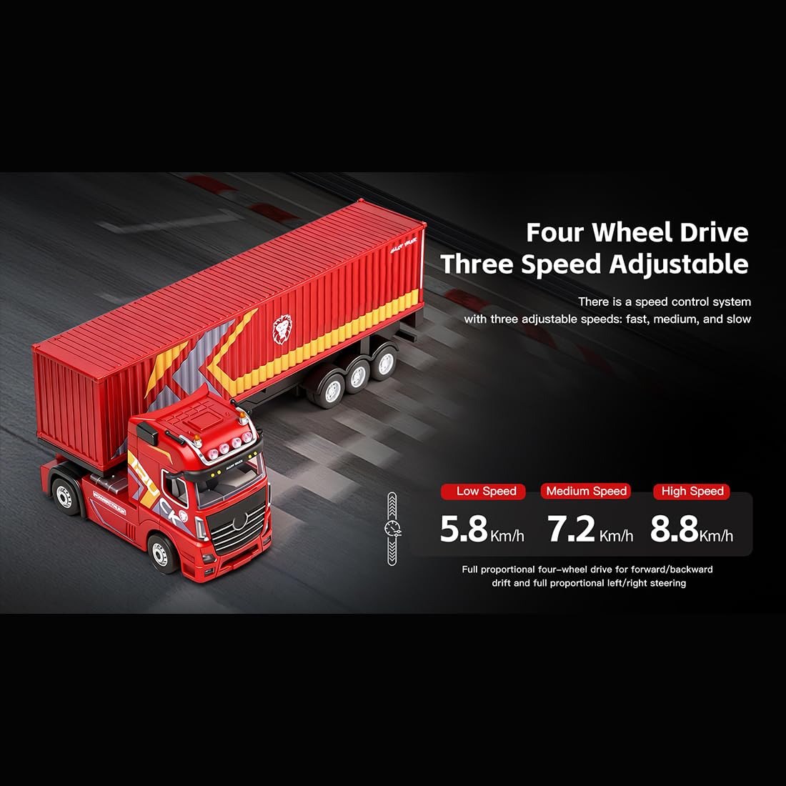 Keetopteep RC Semi Truck with Trailer, 1:64 Scale 2.4GHz Remote Control Container Truck with LED Lights, Independent Suspension, Three-Speed Control