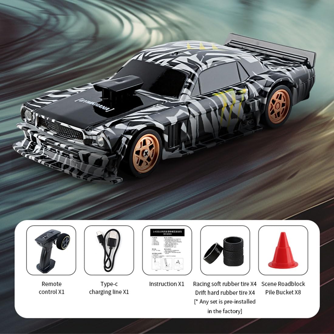 XeleMush 1/43 Mini RC Drift Car, 2.4G 4WD 15KM/H Full-Proportion RC Electric Racing Car Model with LED Lights, Remote Control Fast Vehicle