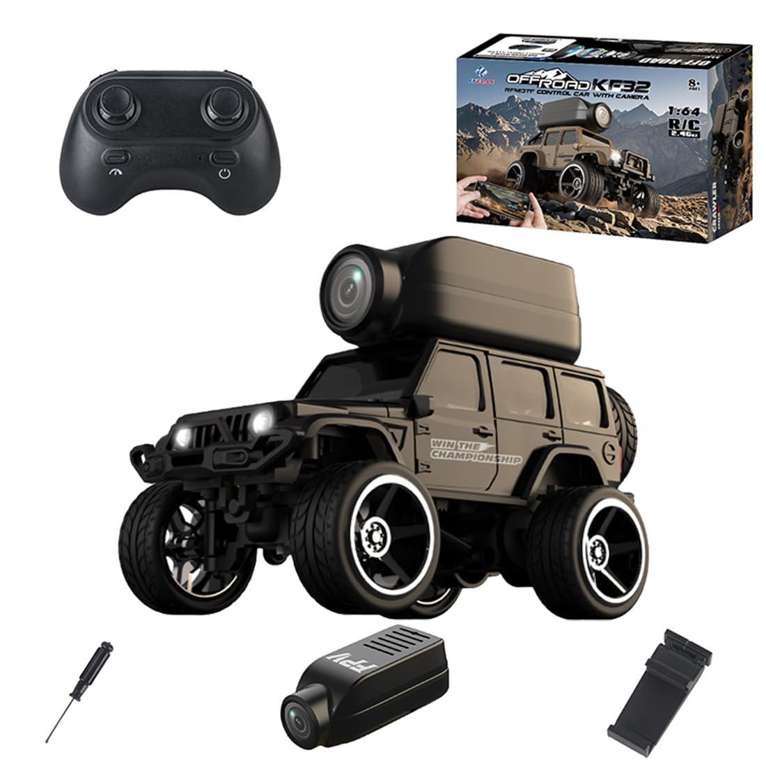XURUYI 1:64 Full-Scale Die-Cast RC Car with Camera, KF32 Mini 4WD Desktop Off-Road Crawler, Remote Control Racing Vehicle Model(Black)