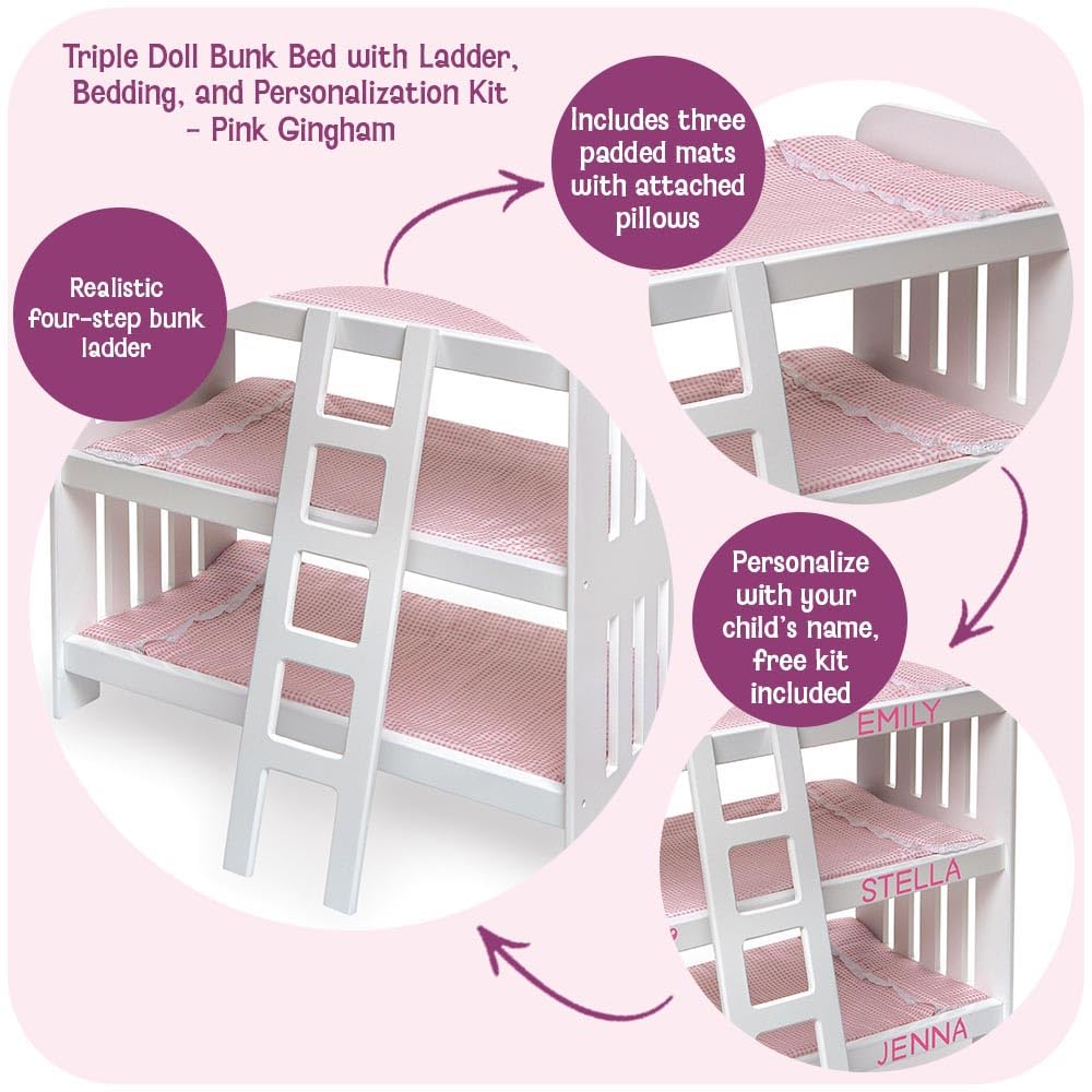 Badger Basket Triple Doll Bunk Bed with Ladder and Bedding for 20-Inch Dolls - Pink Gingham Design with Personalization Kit