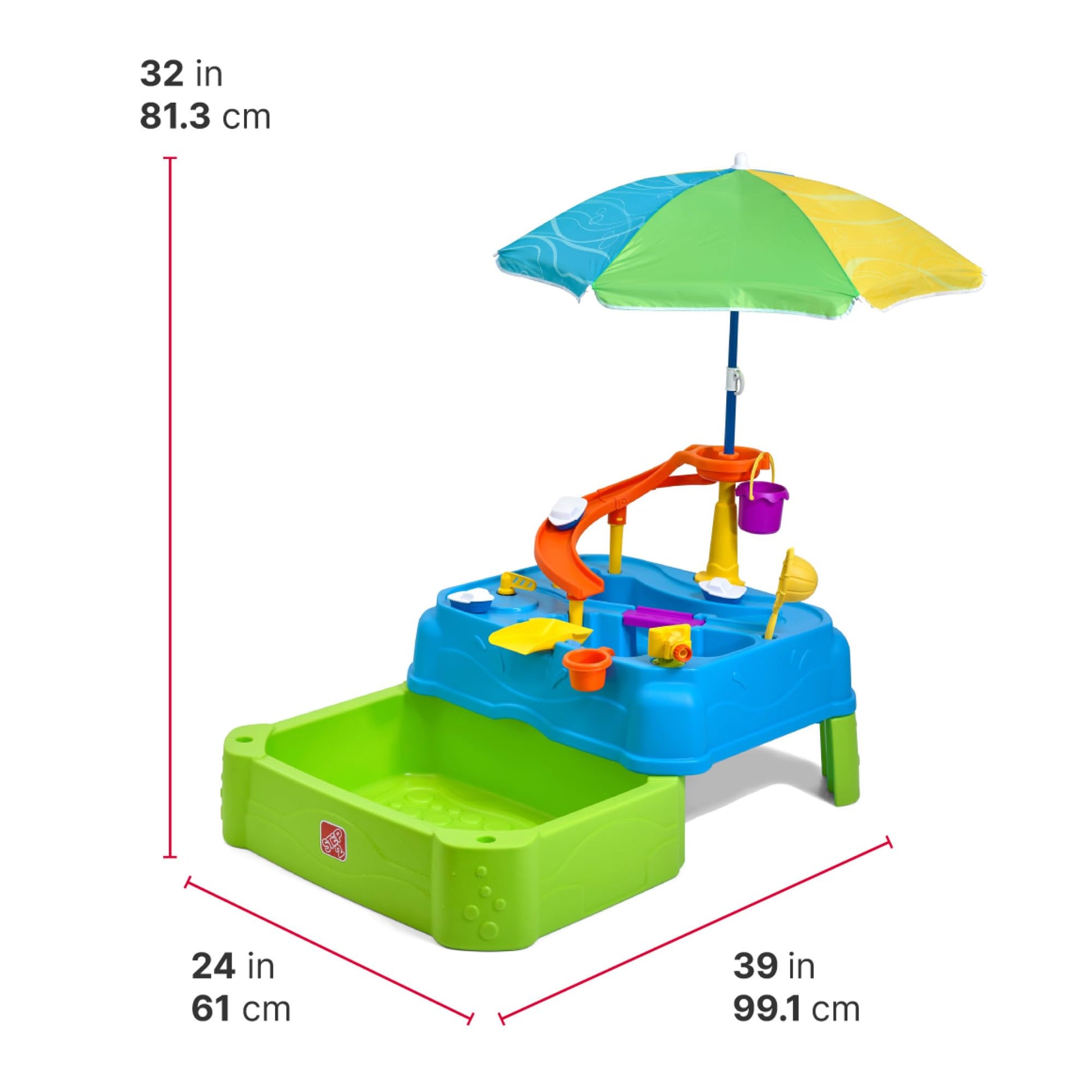 Step2 Waterpark Wonders Two Tier Water Table, Kids Water Activity Sensory Playset with Umbrella, Garden Hose Sprinkler Attachment, 11 Piece