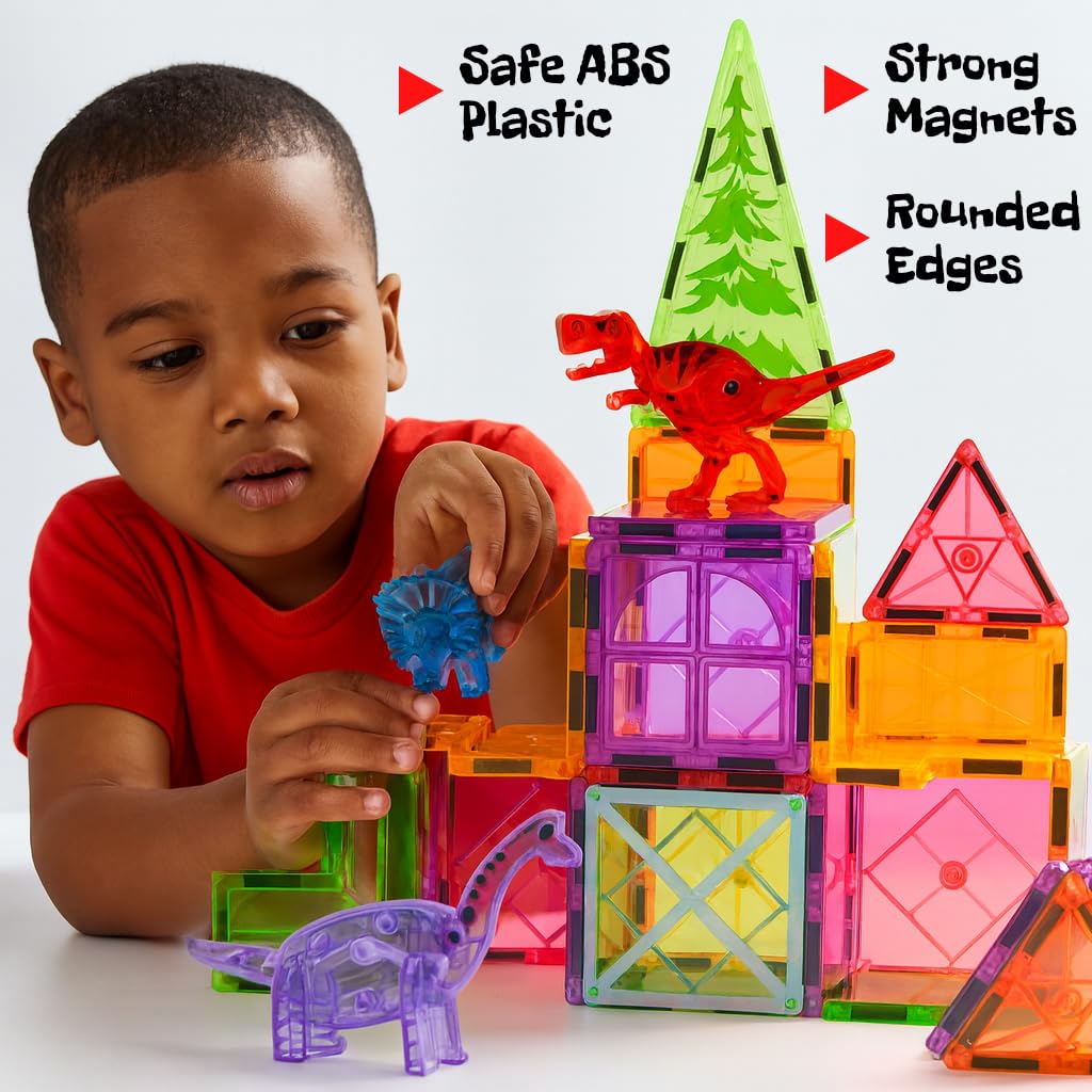 Dinoland Magnetic Tiles 32 Piece Set, Dinosaur Toys for Kids 3-5, STEM Building Blocks with Trees and Figures, Educational Construction Set for Boys