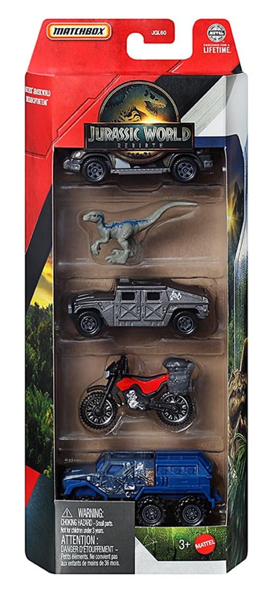 Jurassic World Matchbox Dinosaur Vehicle Collection, Die-Cast Cars and Figures 5 Packs, Bundle of 4, 20 Vehicles, JGL60-956B