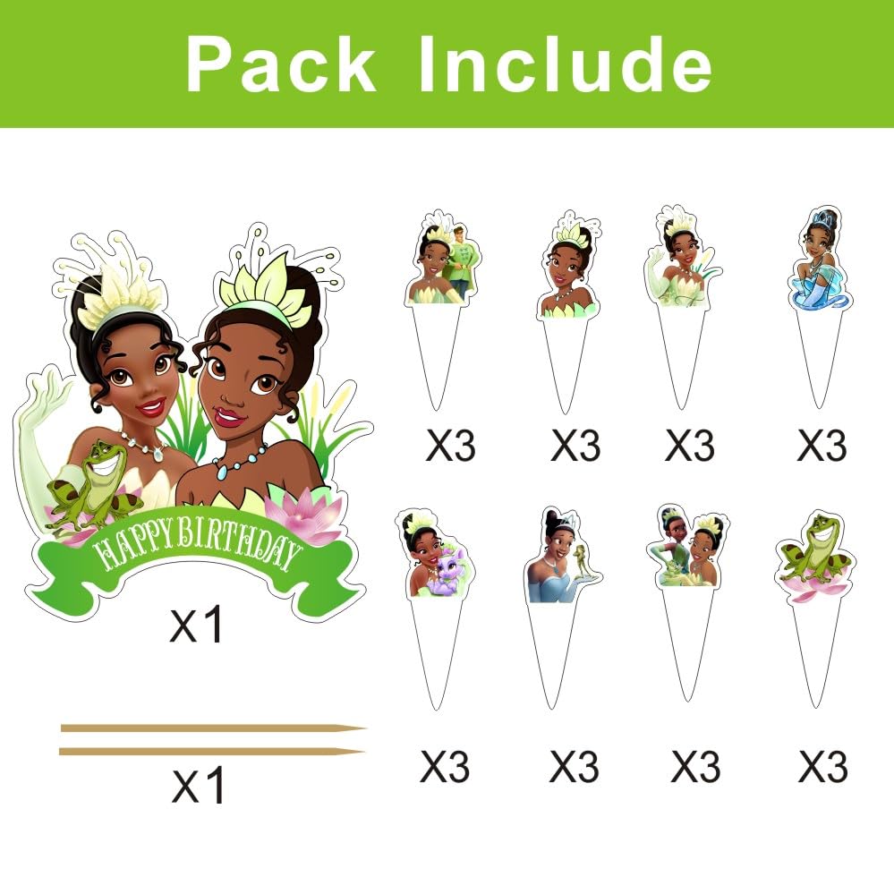 25Pcs Princess Frog Cake Decorations with 24pcs Cupcake Toppers 1pcs Cake Topper for Tiana Birthday Party Supplies