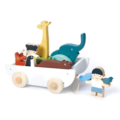 Tender Leaf Toys - The Friend Ship - 12 Pieces Pull Toy Ship Set with Stackable Animals and Friend Figures - Early Learning, Creative and Imagination