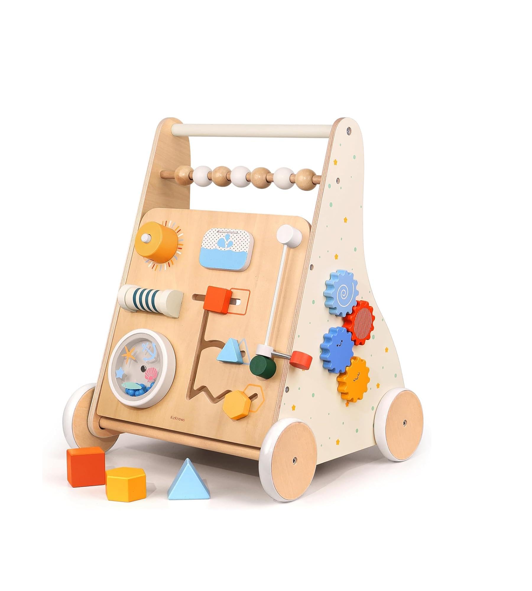 KizKnows Wooden Baby Walker Toddler Push Walker with Activity Center