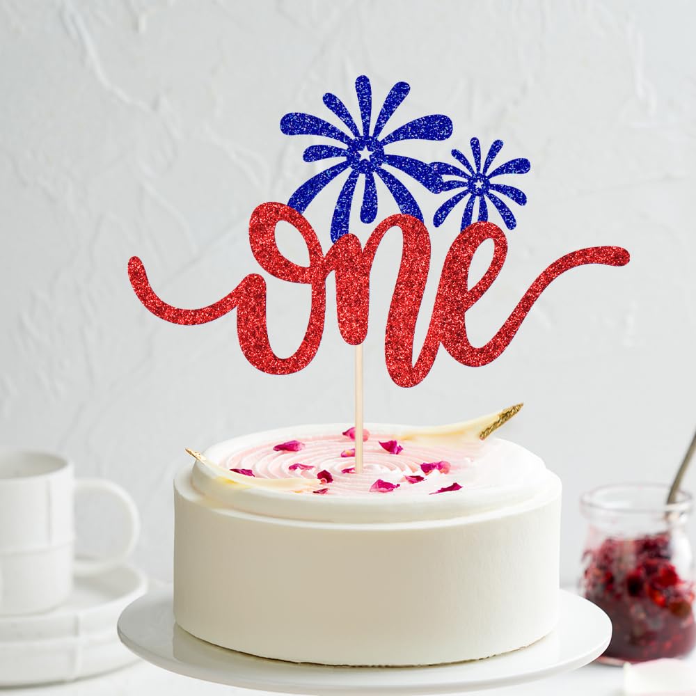 One Cake Topper Red & White & Blue Glitter- 4th of July 1st Birthday Decorations,4th of July Baby Shower Decor/American National Independence Day
