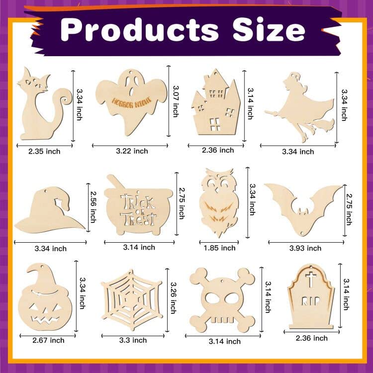 60PCS Halloween Crafts for Kids, DIY Painting Wooden Ornaments Kit, 12 Pre-Drilled Shapes Natural Wood, Halloween Party Decorations, Classroom