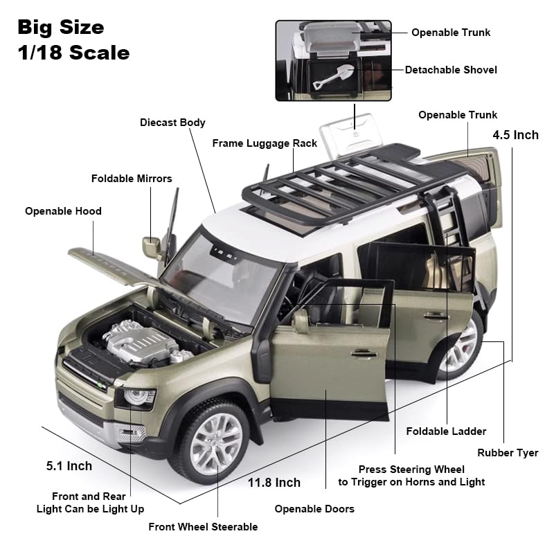1/18 Scale Metal Alloy Diecast Vehicle Model Car Toy Collectible Model Truck for Land Rover Defender 110,with Sound Light Toys,Home Decorate, Green