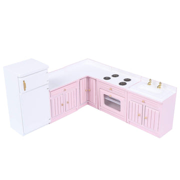 Haomian 1:12 Scale Dollhouse Kitchen Furniture Set, Pink Wooden Miniature L-Shaped Kitchen Cabinets with Fridge Sink Stove, Doll House Kitchen