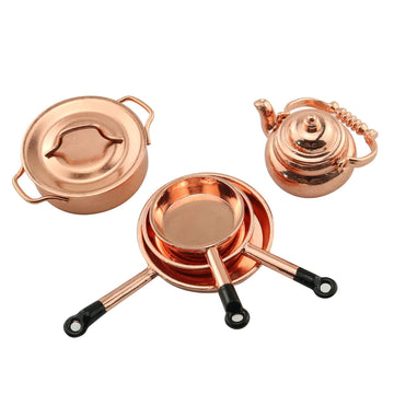 TAODAN Dollhouse Kitchen Cookware 1/12 Scale Miniatures Metal Frying Pans, Kettle, Copper Pots with Lids for Dollhouse Kitchen Accessories Christmas