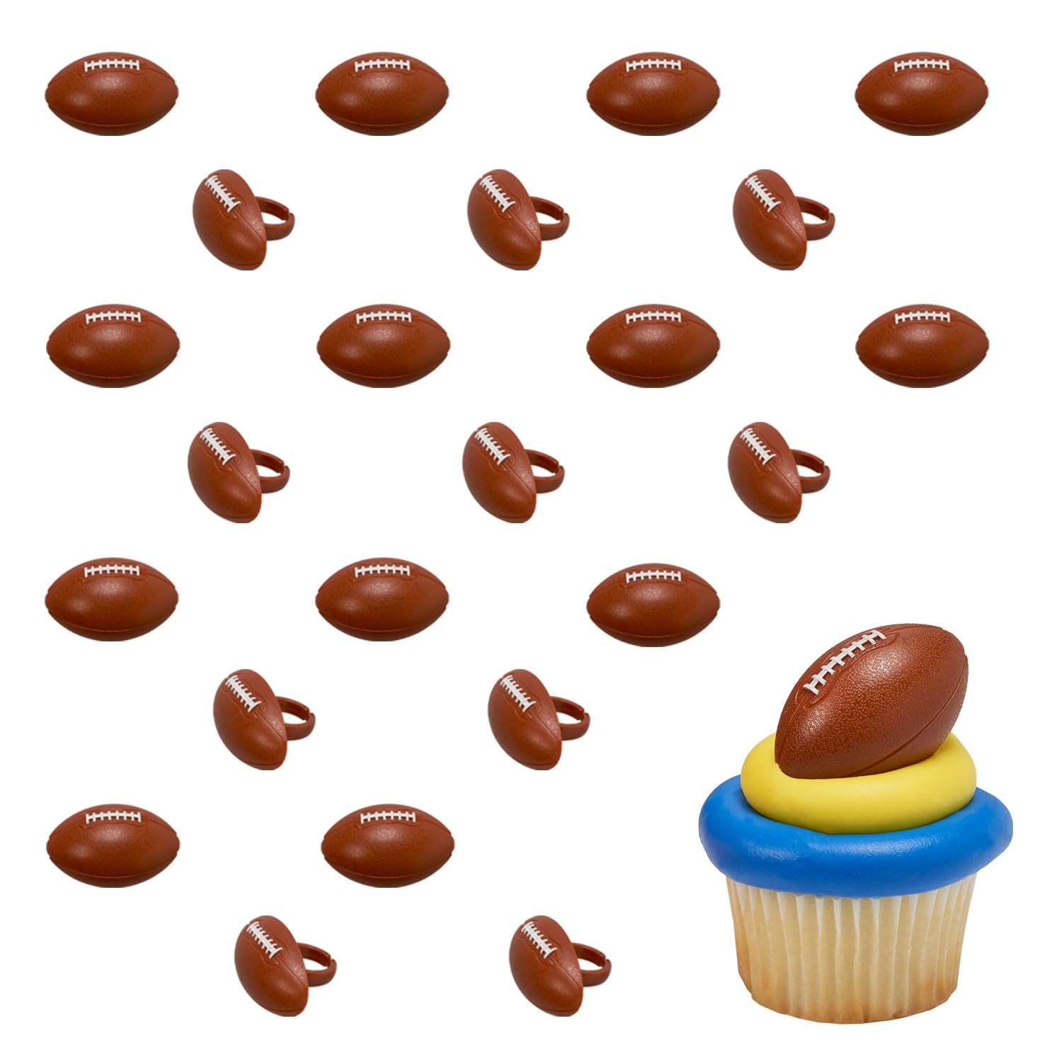 DECOPAC 3D Football Rings, Cupcake Decorations, Food Safe Cake Toppers - 24 Pack