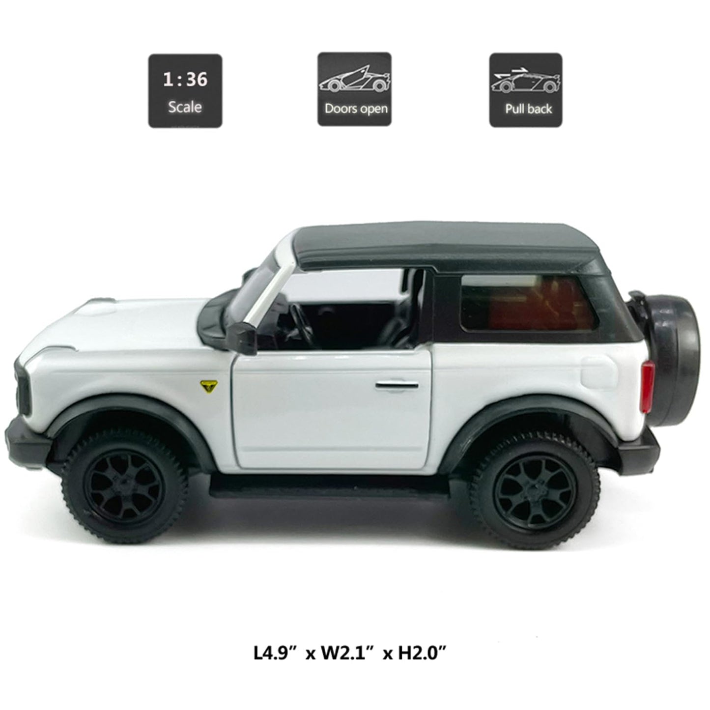 2-Door Bronco Badlands Model Car 1/36 Scale Diecast Toy Cars Metal Alloy Children’s Vehicles, Pull Back Doors Open, Black Rim, Mens Collection, Kids
