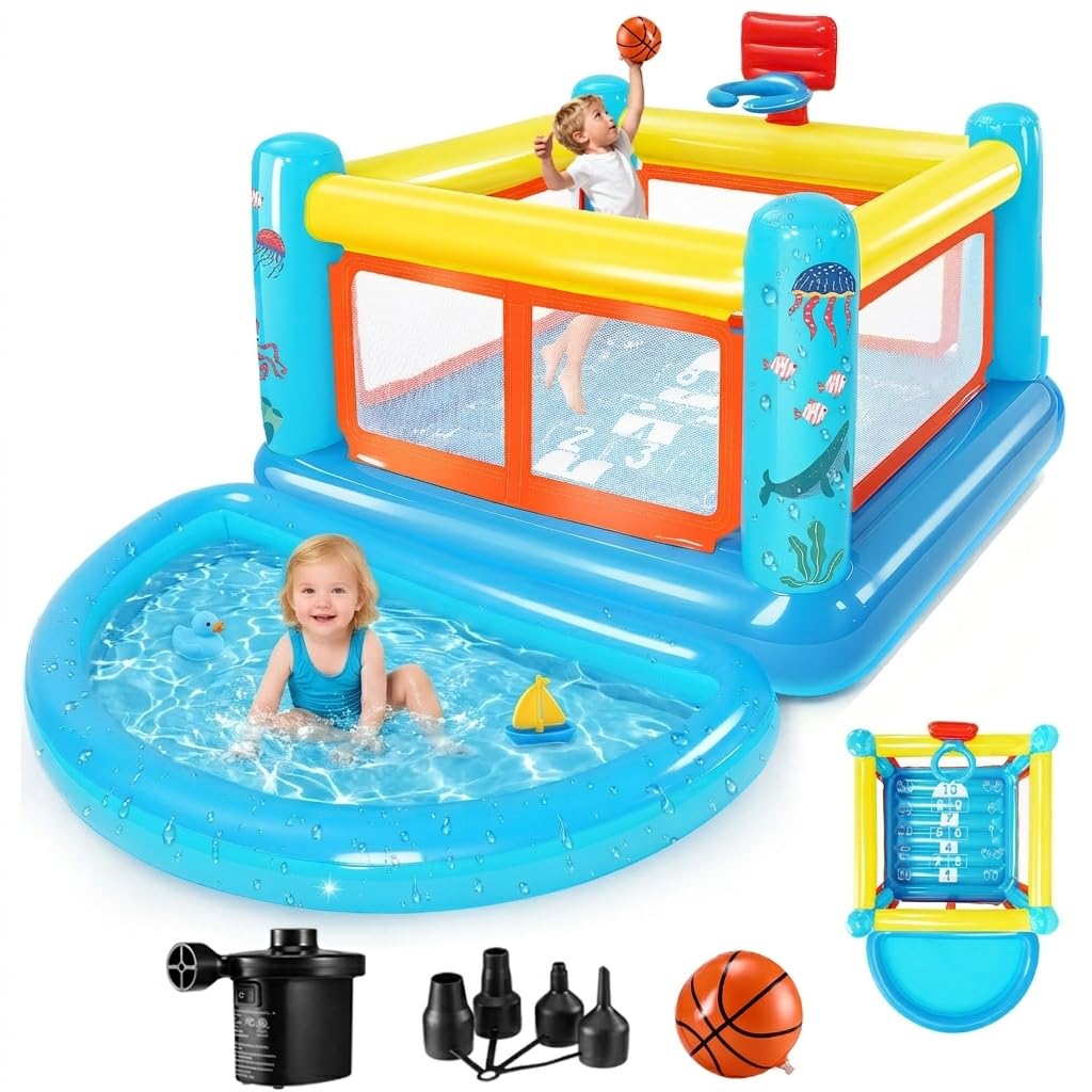 AKEYDIY Bounce House for Kids 3-6, Indoor/Outdoor Inflatable Bouncy Castle with Removable Ball Pit, Hopscotch Game, Basketball Hoop & Air Blower
