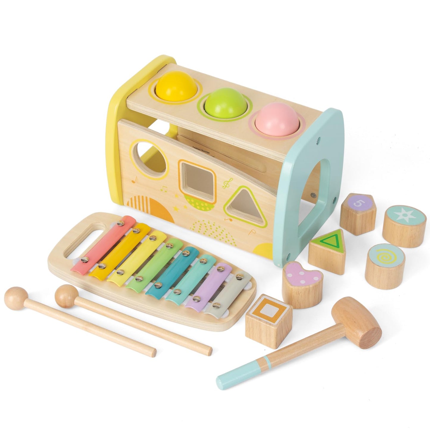 WOODENFUN Hammering Pounding Toys Wooden Educational Toy Xylophone Shape Sorter, Birthday Gift for 3 Years Boys Girls Baby Toddler Kids Developmental