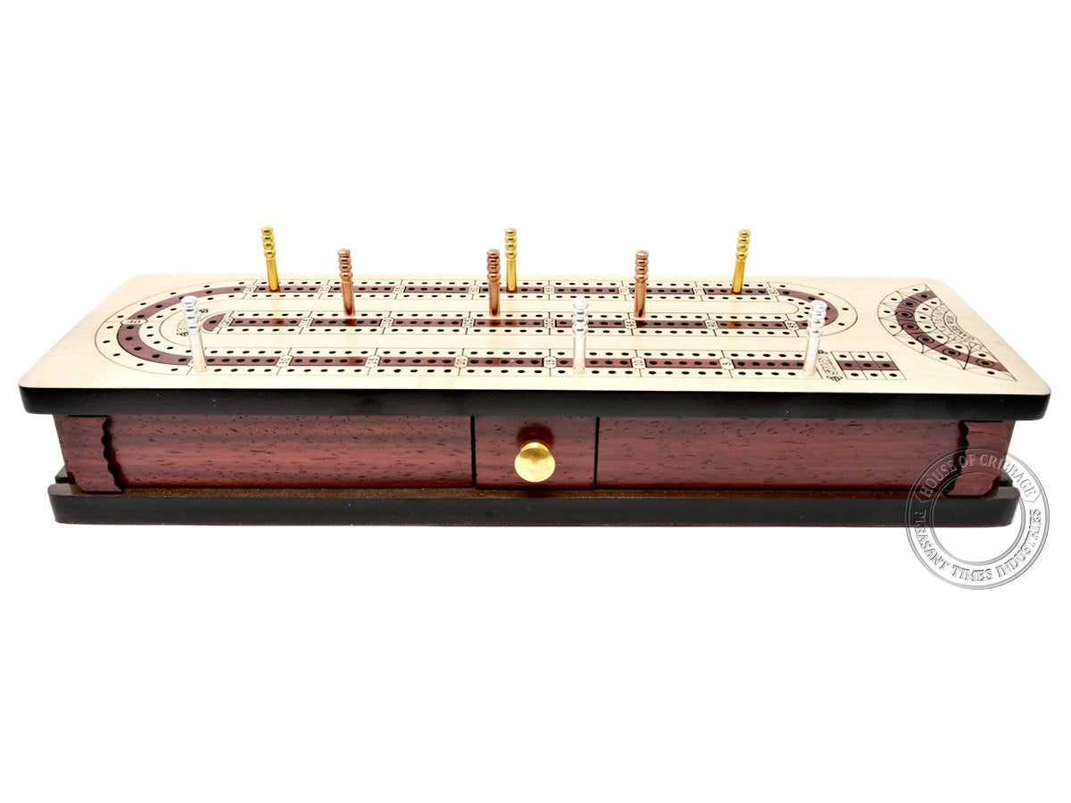 House of Cribbage - 3 Track - Continuous Cribbage Board Alphabet e Shape Inlaid in Maple Wood/Bloodwood : Size - 12.5" x 4" - Separate Storage Space