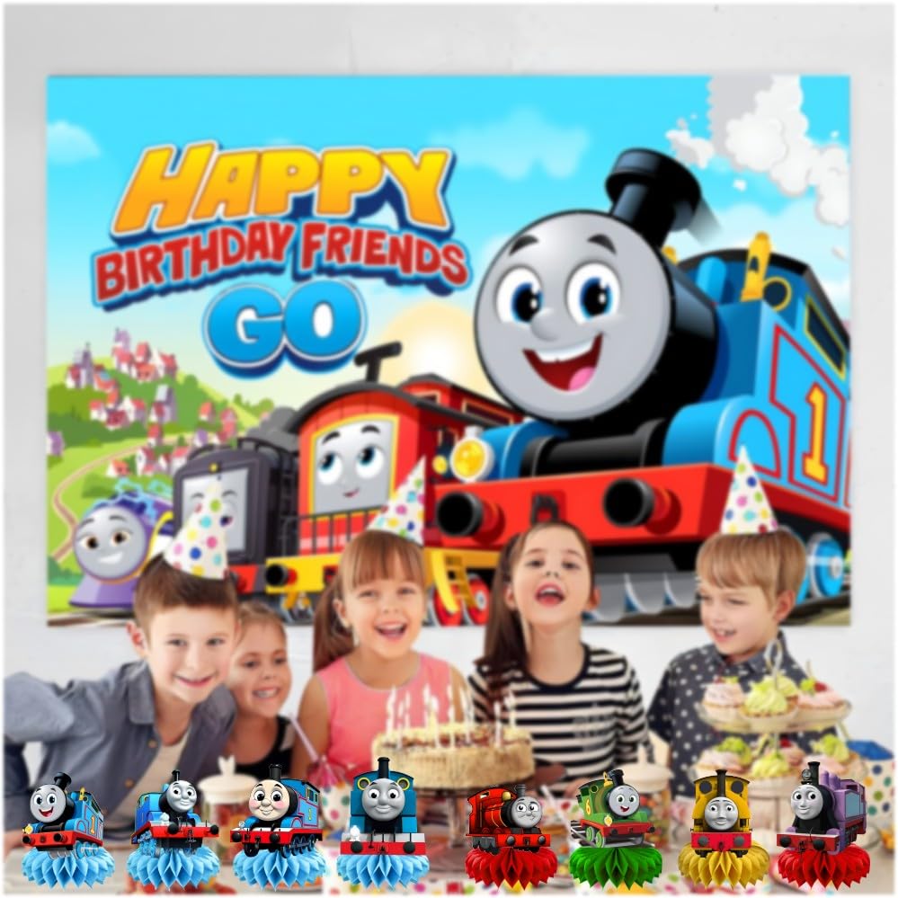 8Pcs Thomas Train Table Centerpieces Birthday Party Supplies Double Side Table Decorations for Thomas Train Themed Party Decorations