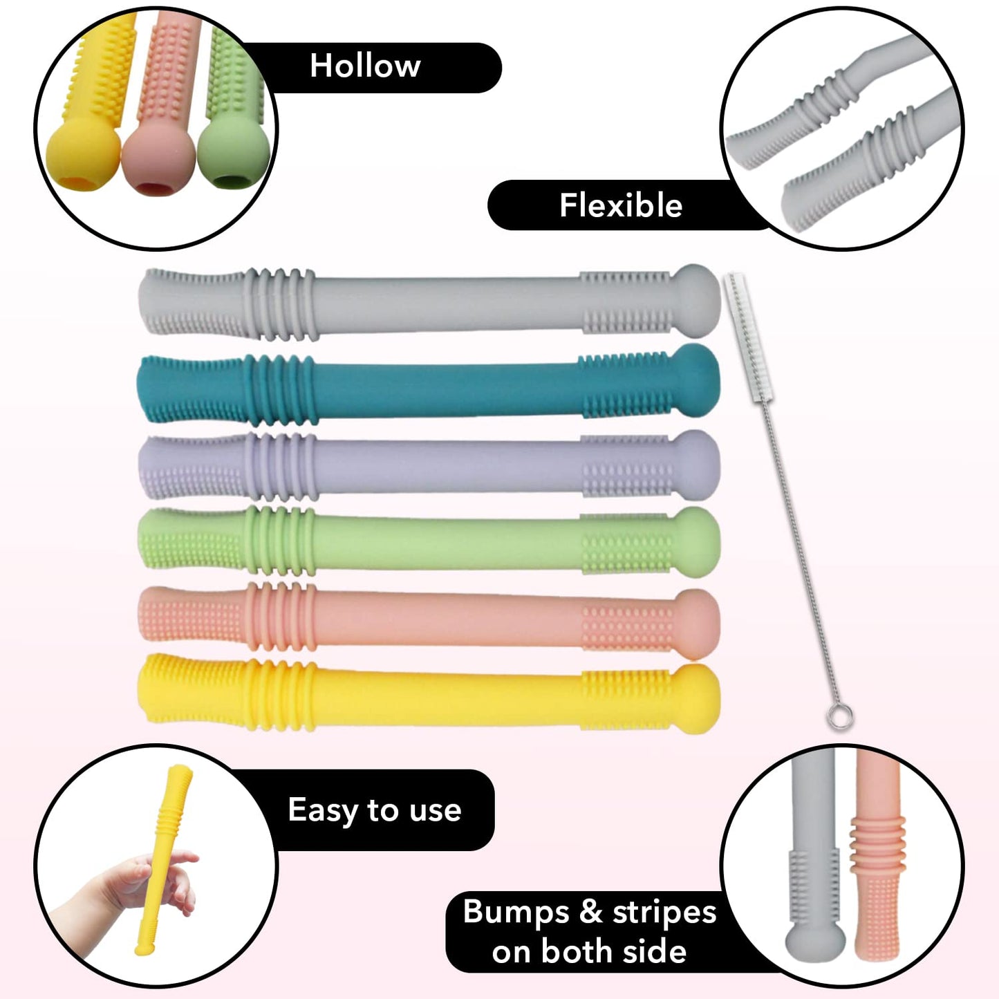 Gadgetime USA Hollow Stick Teether (Pack of 6) - Chew Straw Toy for Toddlers - Infant Silicone Tube - BPA Free, Freezer Safe, Dishwasher Safe, Easy