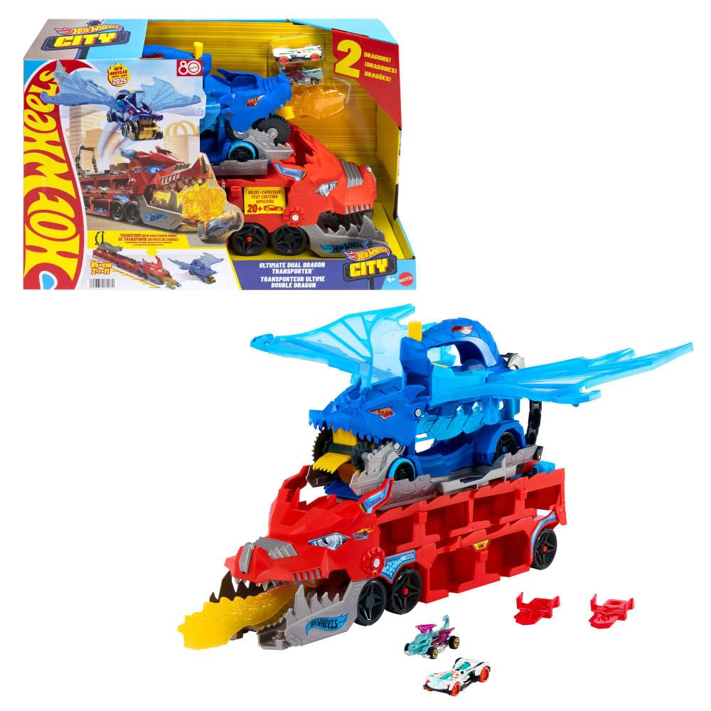 Hot Wheels City Toy Car Track Set, Ultimate Dual Dragon Transporter & 2 Die-Cast Cars, Large-Scale & Detachable Dragon, Stores 20+ Vehicles