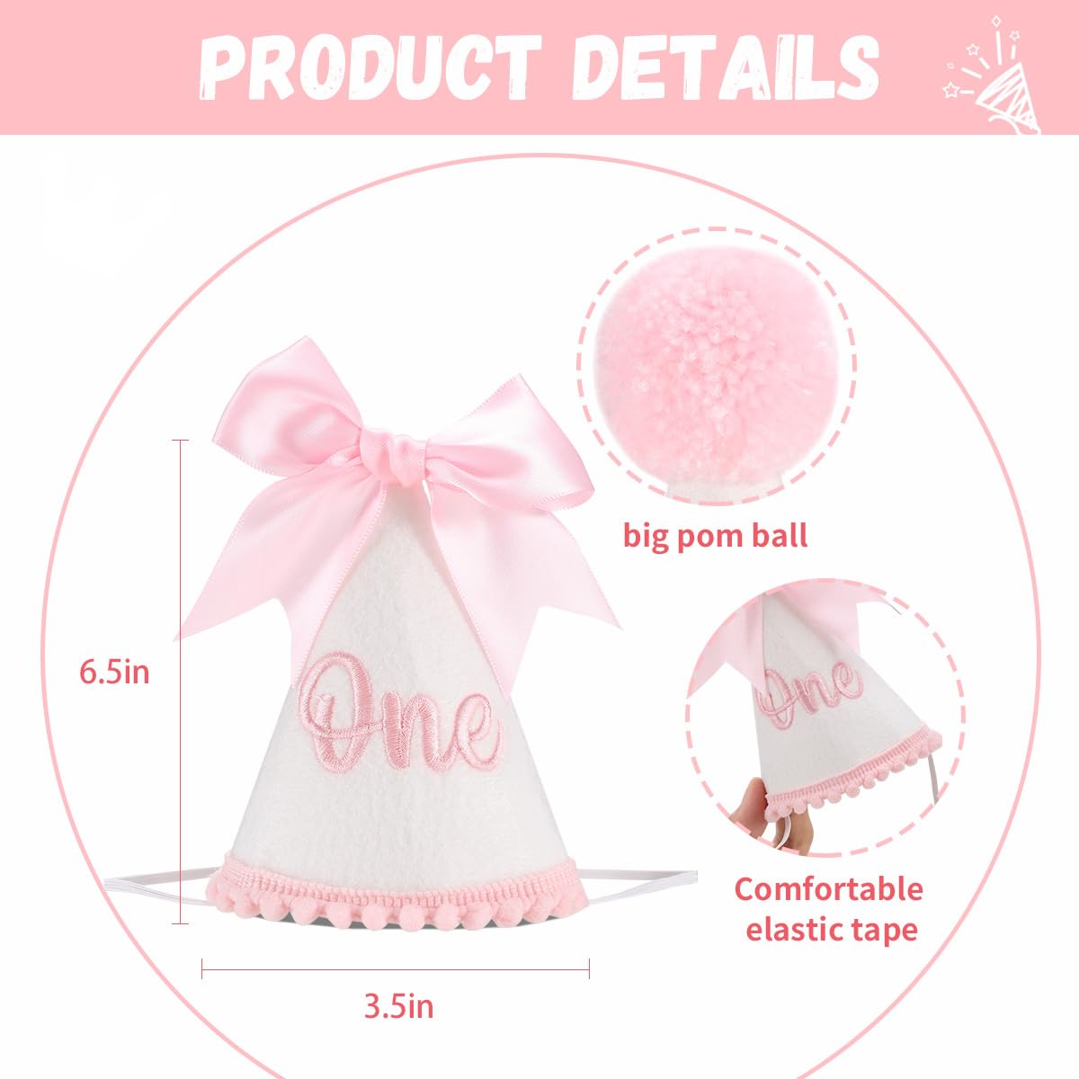 Kaniwati Pink Bow 1st Birthday Hat, Bow Girl 1st Birthday Hat, Pink Themed Decoration, Baby Girl Party Hat, Cake Smash Outfit(CXMZ-ONE-HDJ)