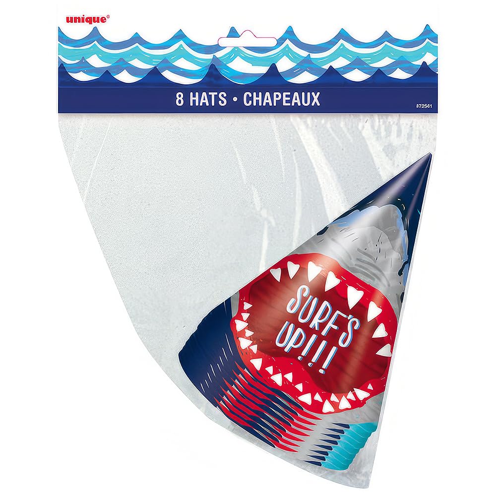 Unique Shark Party Cone Hats - One Size, 8 Pcs