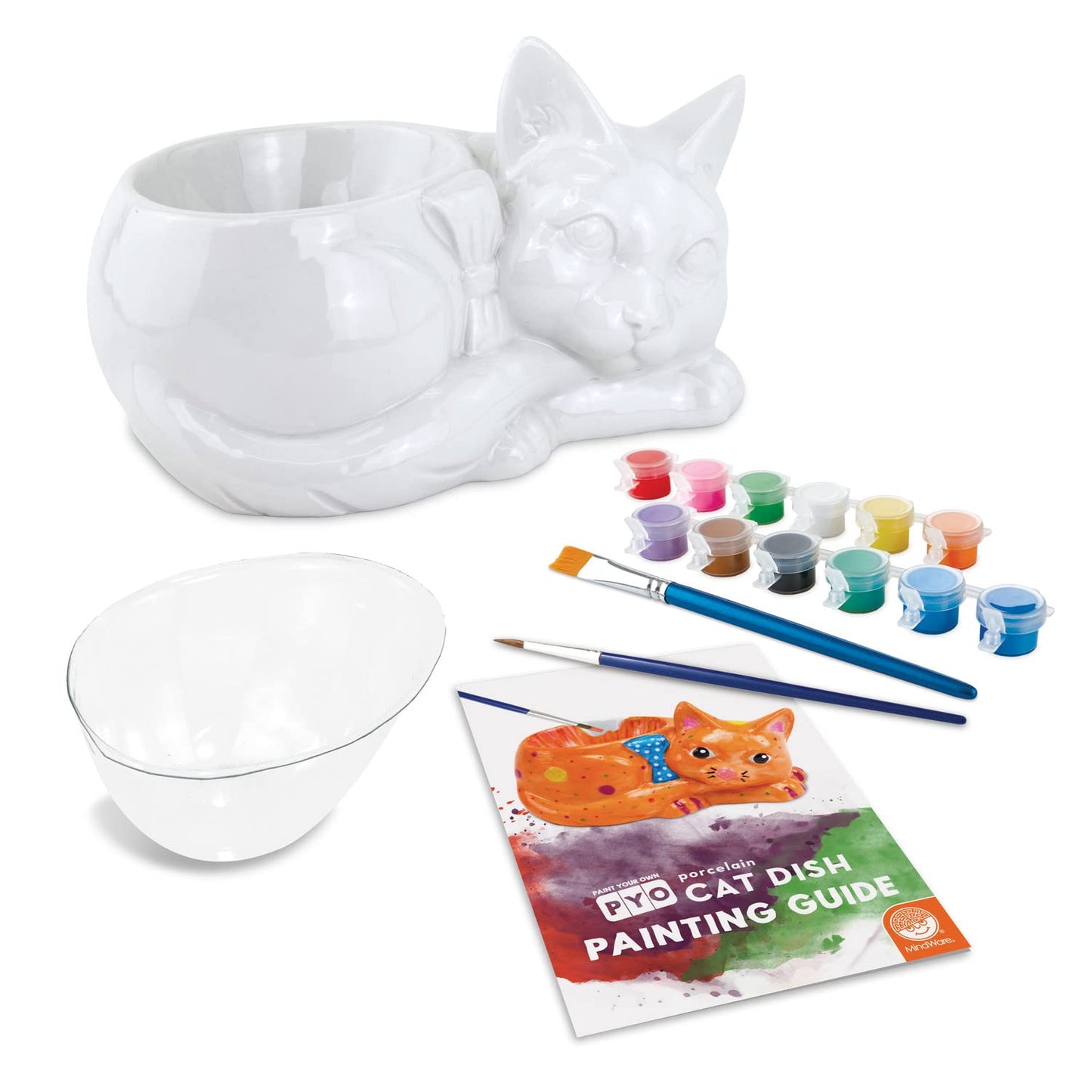 MindWare Paint Your Own Cat Dish - Porcelain Painting Figures for Kids, Teens & Adults Ages 8 & Up - Includes 12 Paints and 2 Brushes