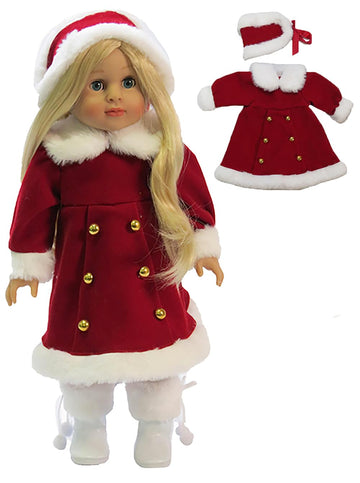 American Fashion World Red Coat with White Fur Trim & Matching Headpiece for 18 Inch Dolls - Winter Christmas Outfit with White Leggings