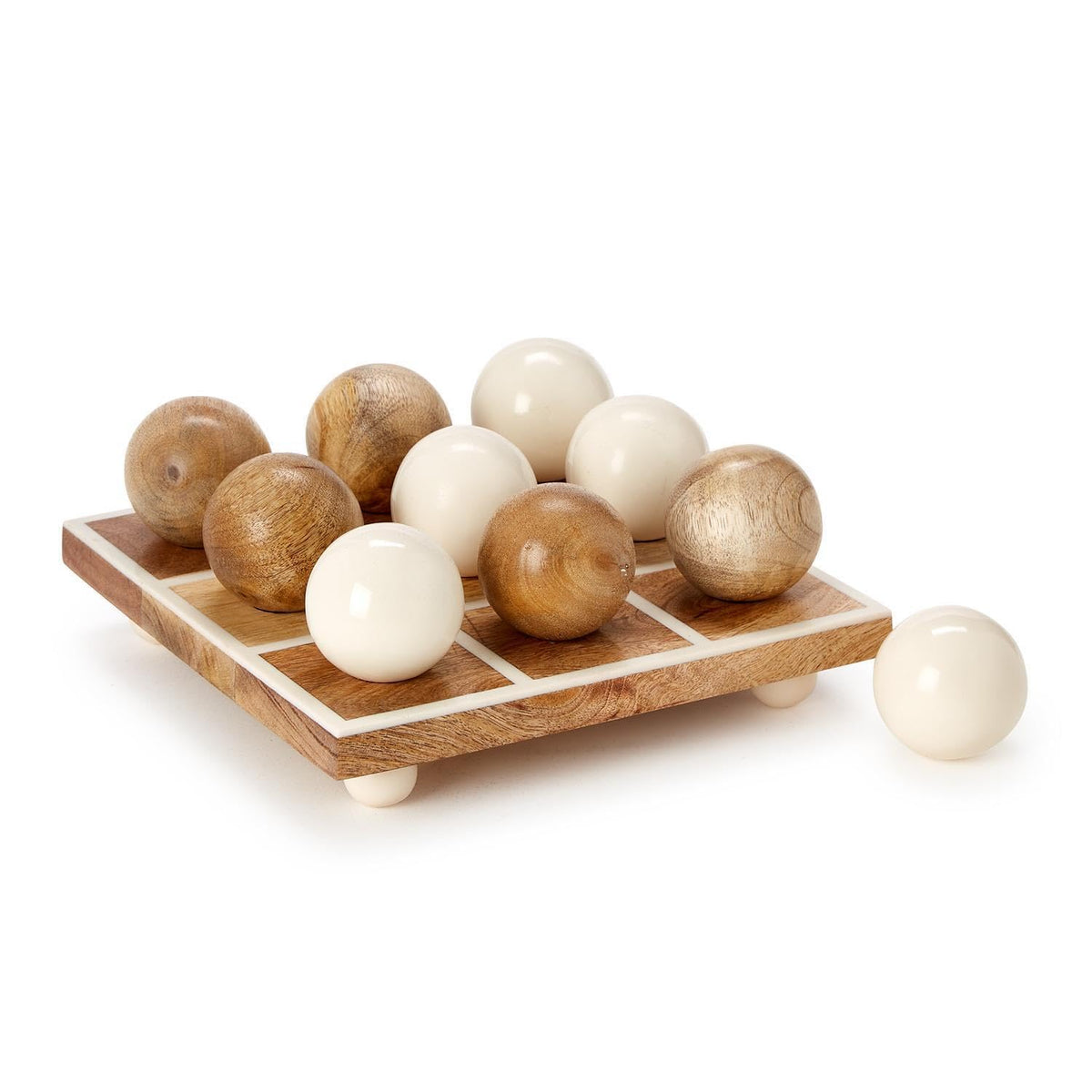 Two's Company San Marco Hand-Crafted Footed Tic-Tac-Toe Game with Round Balls, 8-Inch, Wood, Natural