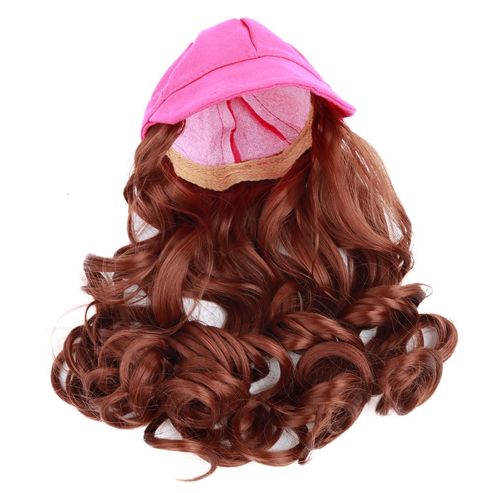Wig Cap with Colorful Hats and Attached Hair - Fits 14-Inch and Up Dolls, Stylish Doll Accessory (Pink/Brunette)