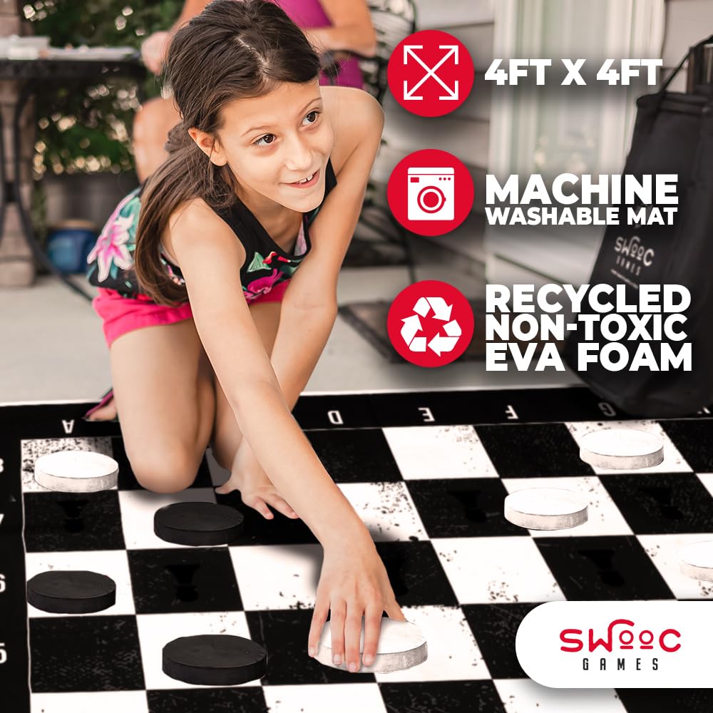 Swooc Games - 3-in-1 Giant Chess, Checkers, & Chess Tac Toe Game with Mat (4ft x 4ft) - Machine-Washable Canvas & 5" Big Foam Discs - Giant Chess Set