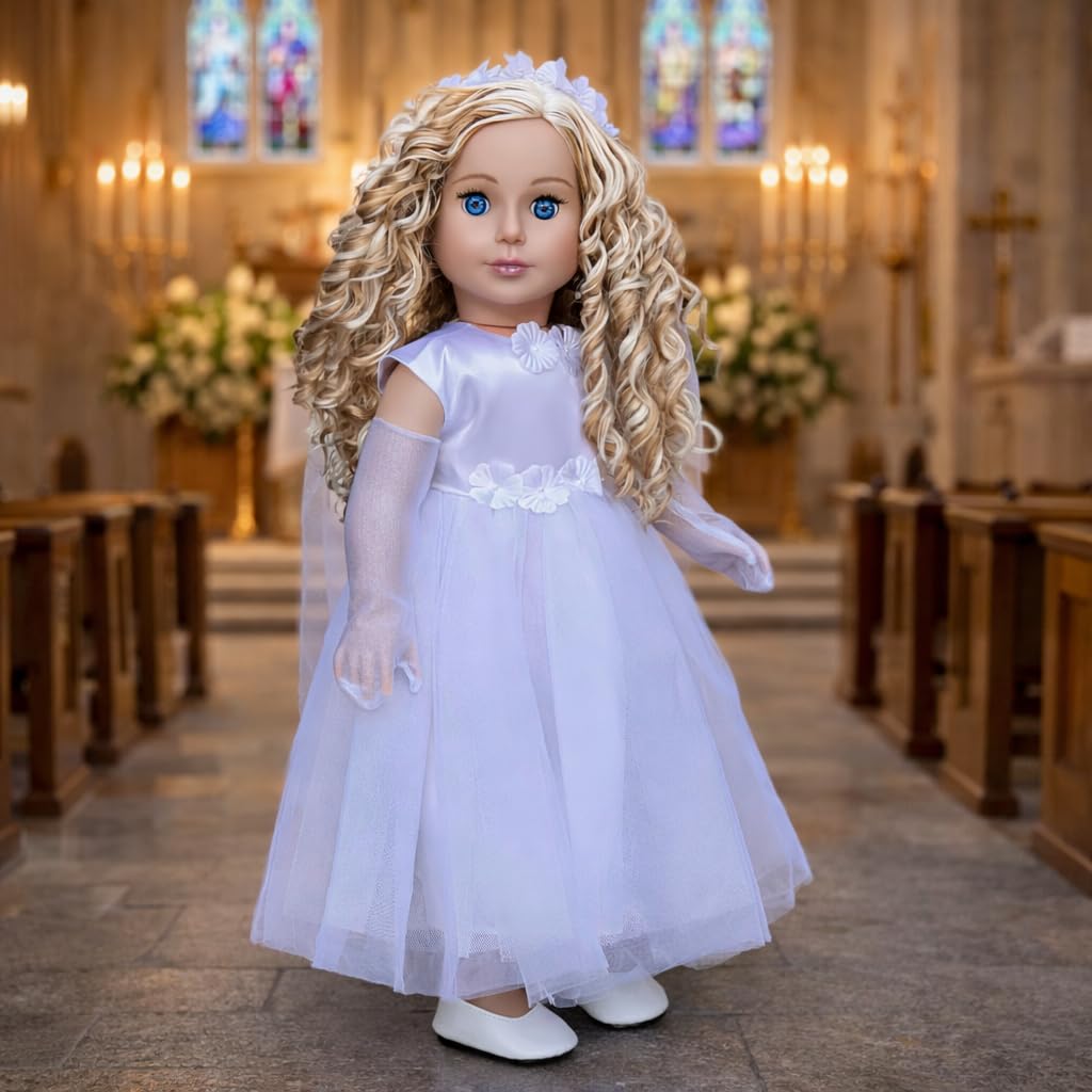 Little Angel - 5 Piece First Communion Outfit for 18 Inch Dolls - White Satin Dress, Long Veil, Crown, Gloves & White Shoes - Complete Doll Communion