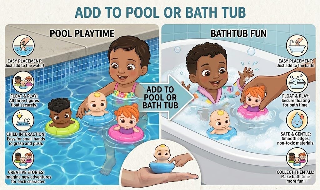 CoComelon Official Bath Toys 3-Pack for Toddlers - Mold-Free Floating Water Figures Featuring JJ, Cody & YoYo - Swimming Pool, Bathtub & Sensory