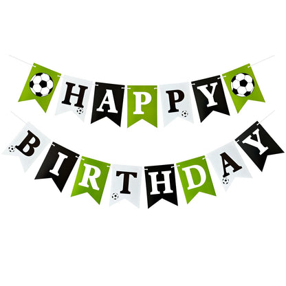 Soccer Happy Birthday Banner, Green Black White Soccer Birthday Party Decorations for Boys Girls Men Women Fans Party Supplies
