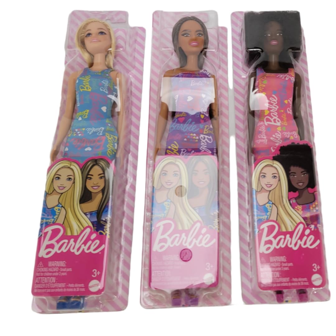 Barbie Fabulous Dolls with Signature Logo Dress Collector Bundle of 3 (Blue, Purple & Pink) | 11¾? Fashion Dolls - Ages 3+