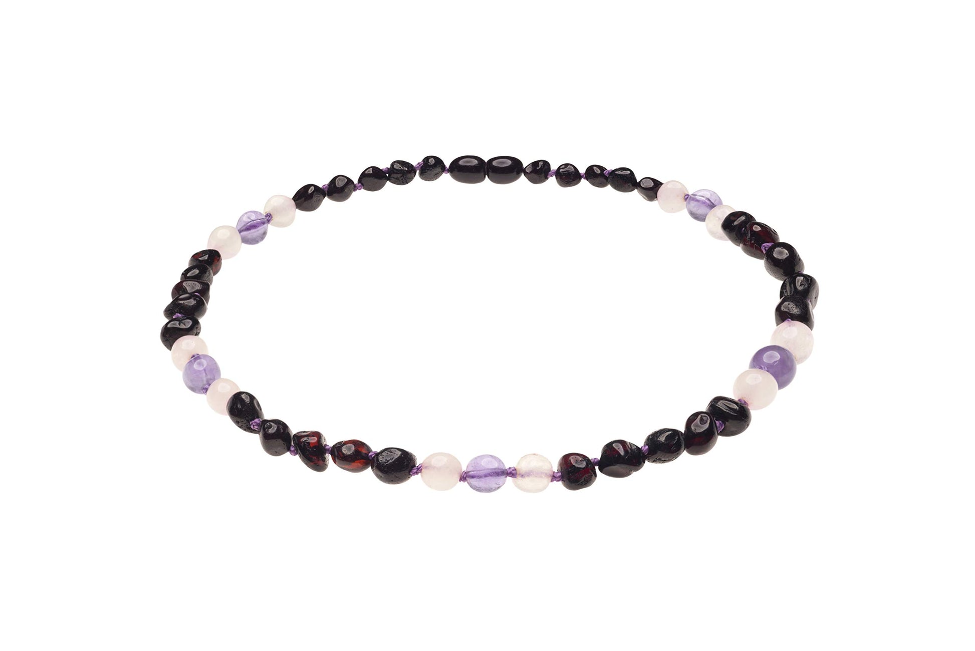 Genuine Amber Necklace from Baltic Sea Made with Polished Cherry Rose Quartz and Amethyst 34 cm (13.4 Inches)