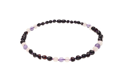 Genuine Amber Necklace from Baltic Sea Made with Polished Cherry Rose Quartz and Amethyst 34 cm (13.4 Inches)