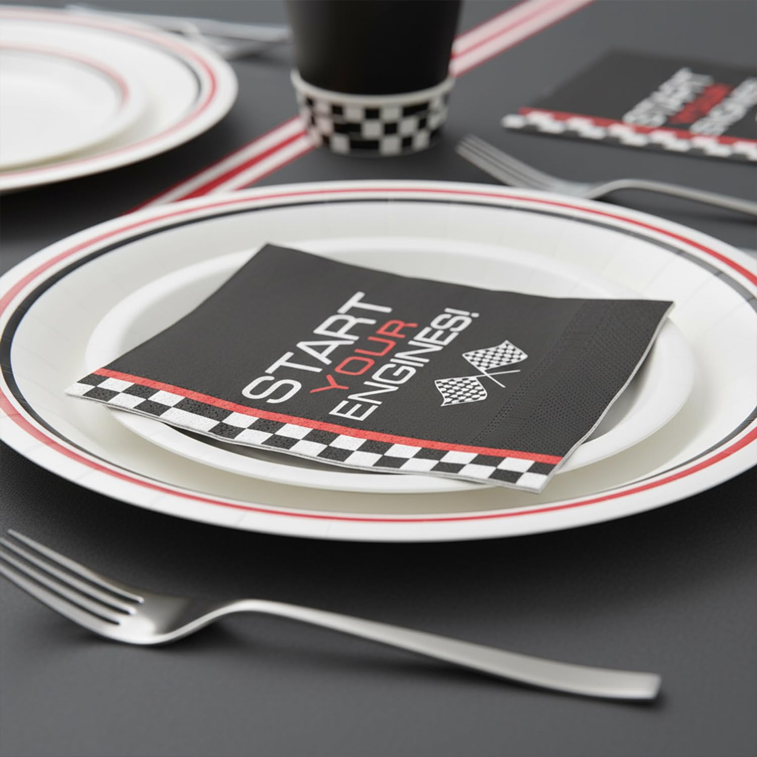 Fun Express Race Car Checkered Flag Luncheon Napkins - 6.5" Paper Napkins for Racing - Themed Parties Tableware Celebrations Special Events - Fun