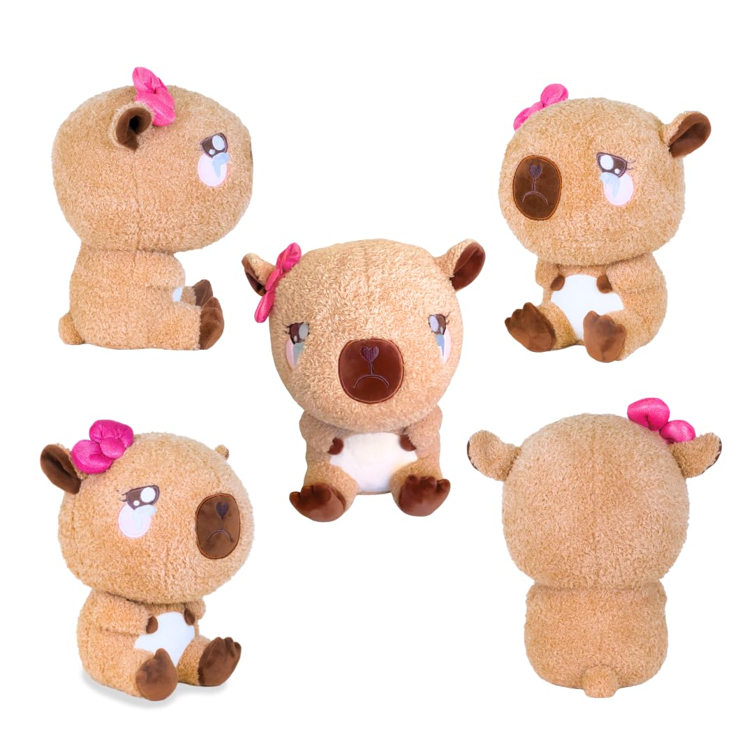 Plush Capybara Girl with Hairbow - Brie the Brave Baby-bara by PlushGoals | Crying Baby Stuffed Animal With Tears | Kawaii Style Super Soft Emotional