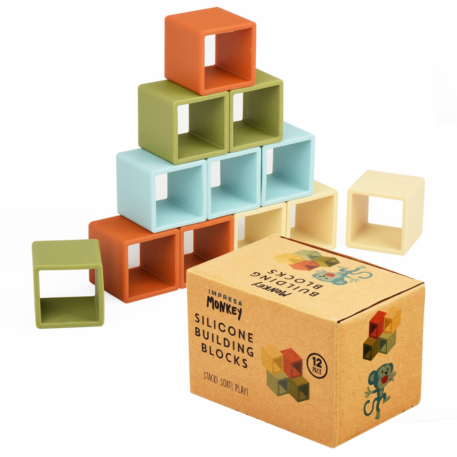 Impresa Blocks for Toddlers 1-3 - 12 Pack, 2-Inch Multicolor Silicone - Flexible Silicone Blocks for Sensory Play & Teething Toy