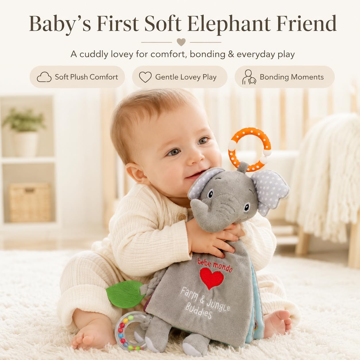 Elephant Baby Toy, Baby Toys 0-6 Months, Infant Toys 6-12 Months, Lovey Crinkle Books for Babies, Sensory Toys,Baby Teething, Baby Rattle,Touch Feel