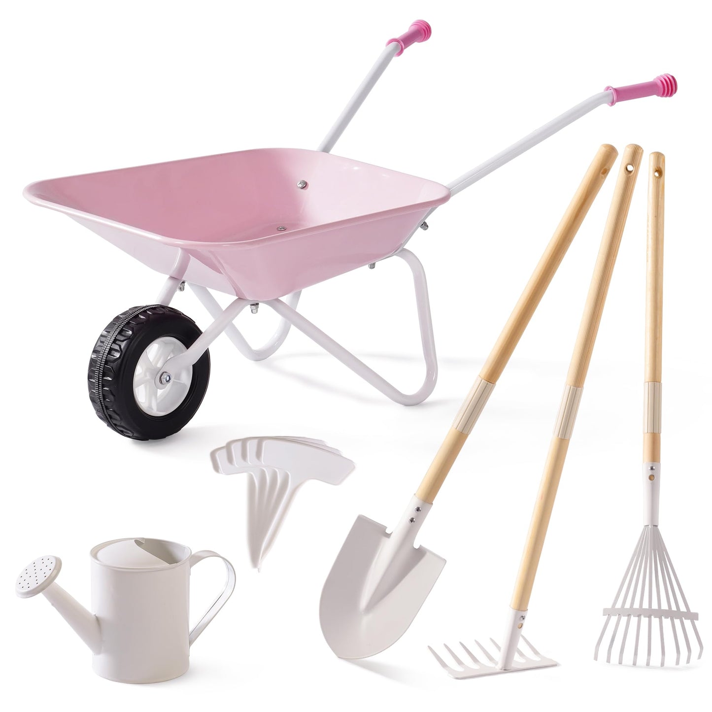 ROBOTIME Kids Wheelbarrow with Gardening Set - Metal Wheelbarrow Toddler Outdoor Play Toy with Garden Tools, Watering Can & Plant Labels, Pretend Play