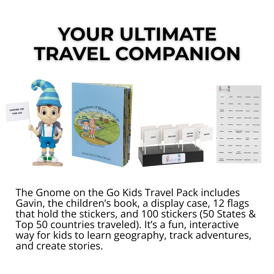 GOTG Kids Travel Pack - Gavin Gnome + Children’s Book + Flags & Stickers + Display Case | Fun Travel Gifts & Kids Travel Essentials | Cute Gnome Gifts