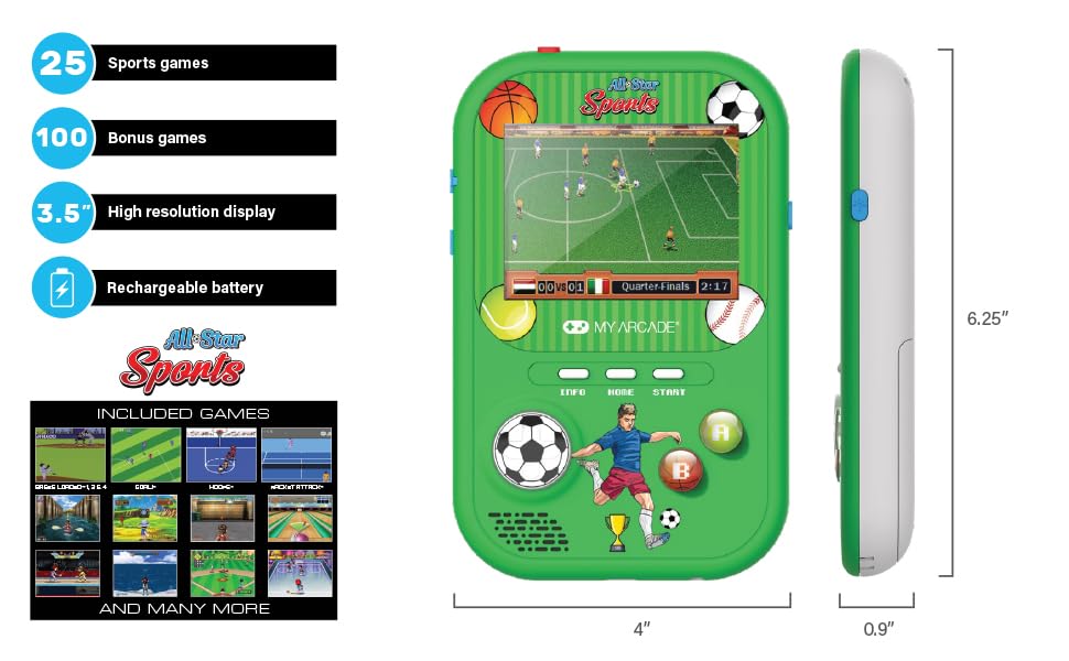 My Arcade All Star Sports Gamer Fun: Includes 125 Preloaded Games, Retro Portable Game Console, Soccer Toys, Rechargeable Battery